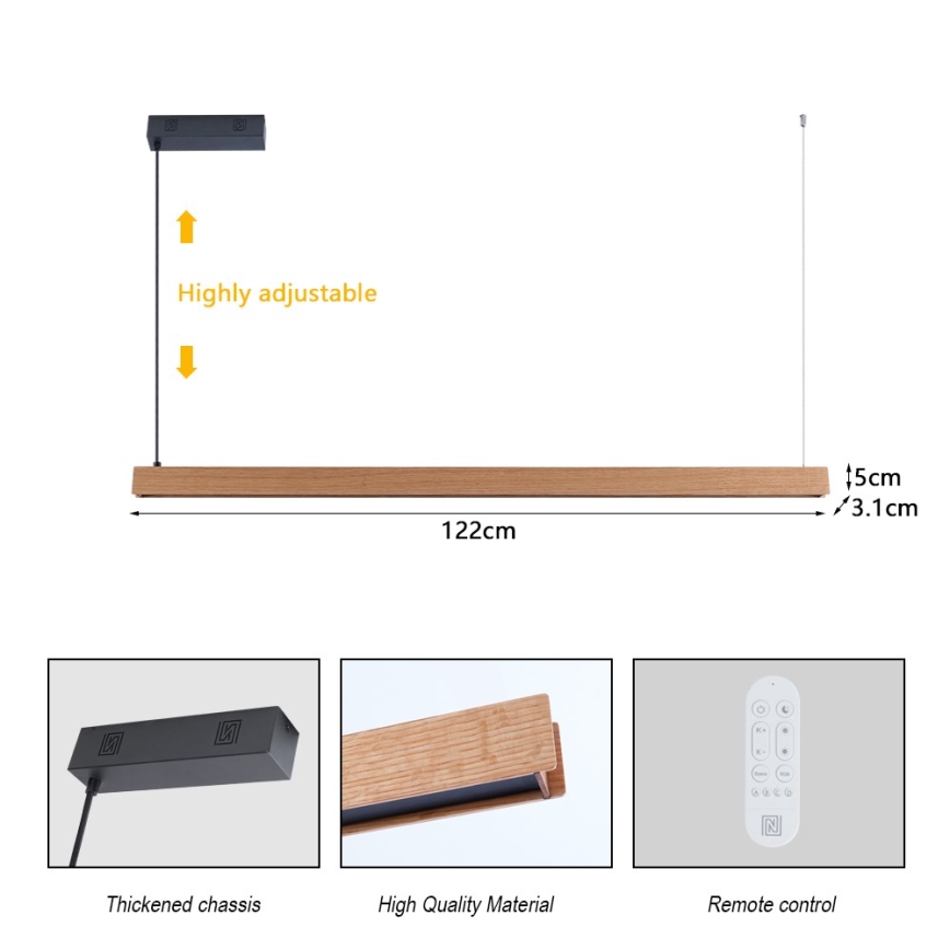 Immax NEO 07303L - Lustre suspenso em cabo LED dimerizável MADEIRA LED/26W/230V Wi-Fi Tuya 122 cm carvalho + comando remoto