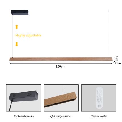 Immax NEO 07305L - Lustre pendente dimerizável em cabo MADEIRA LED/44W/230V Wi-Fi Tuya 202 cm carvalho + controlo remoto