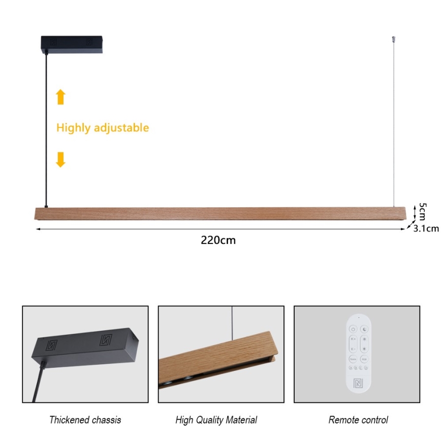 Immax NEO 07305L - Lustre pendente dimerizável em cabo MADEIRA LED/44W/230V Wi-Fi Tuya 202 cm carvalho + controlo remoto