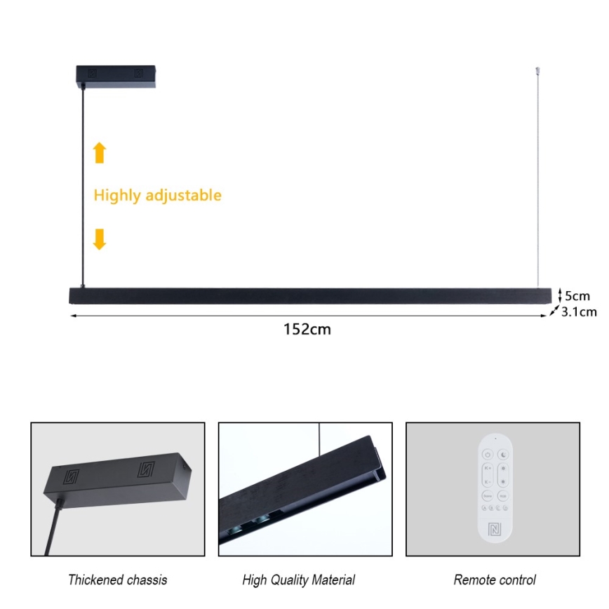 Immax NEO 07307L - Lustre LED dimerizável suspenso por cabo MADEIRA LED/33W/230V Wi-Fi Tuya 152 cm preto + controlo remoto