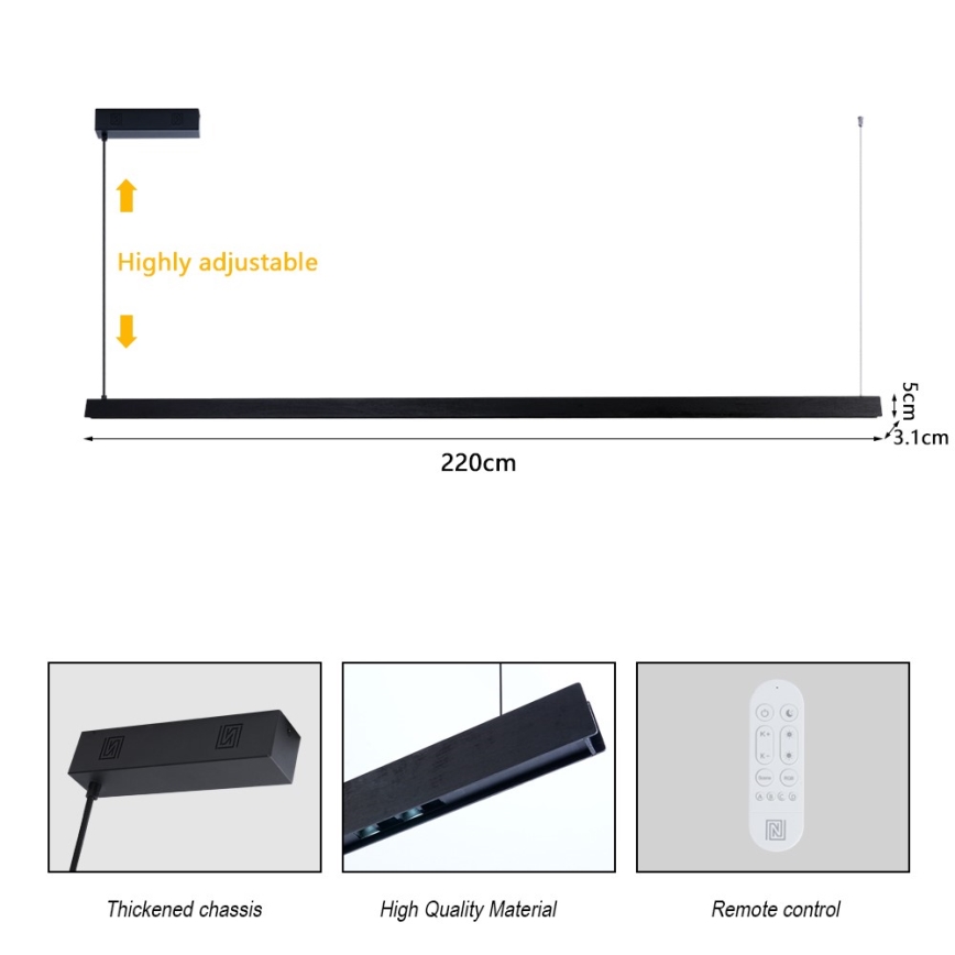 Immax NEO 07308L - Lustre LED dimerizável suspenso por cabo MADEIRA LED/44W/230V Wi-Fi Tuya 202 cm preto + controlo remoto