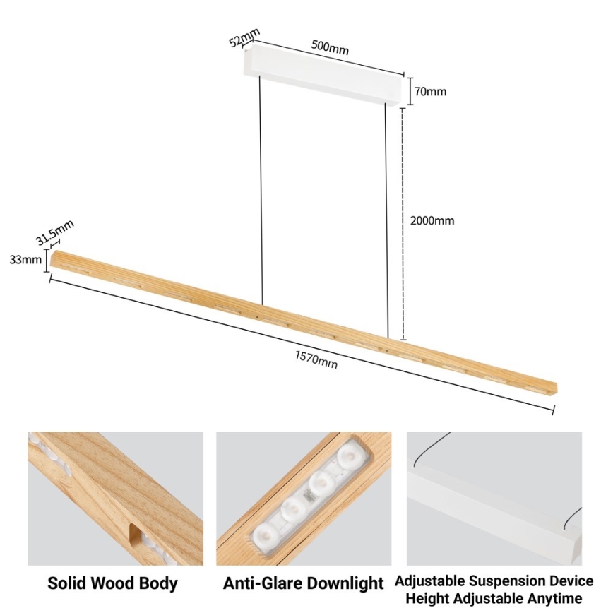 Immax NEO 07310L - Lustre LED dimerizável suspenso por cabo com sensor MADEIRA LED/37W/230V 157 cm freixo