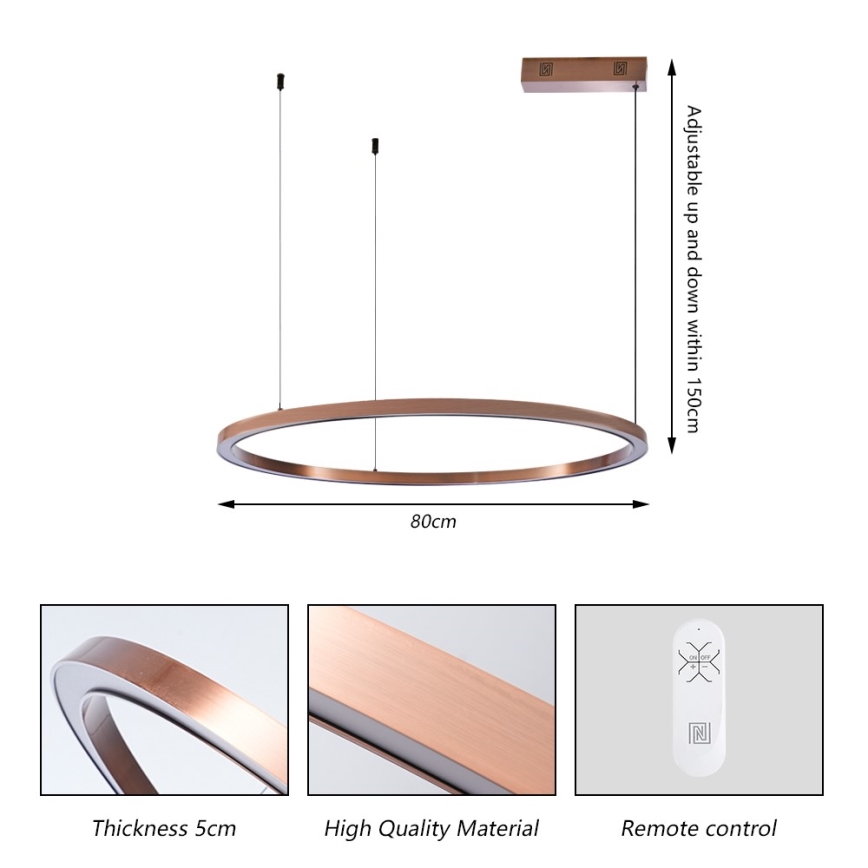 Immax NEO 07327L - Lustre pendente LED dimerizável FINO, suspenso por cabo, LED/55W/230V, 80 cm, Tuya, ouro-rosa + comando remoto