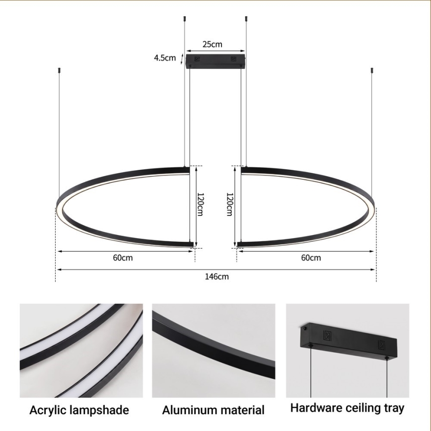 Immax NEO 07329L - Lustre LED regulável suspenso por cabo FINO LED/72W/230V 120 cm Tuya preto + controlo remoto