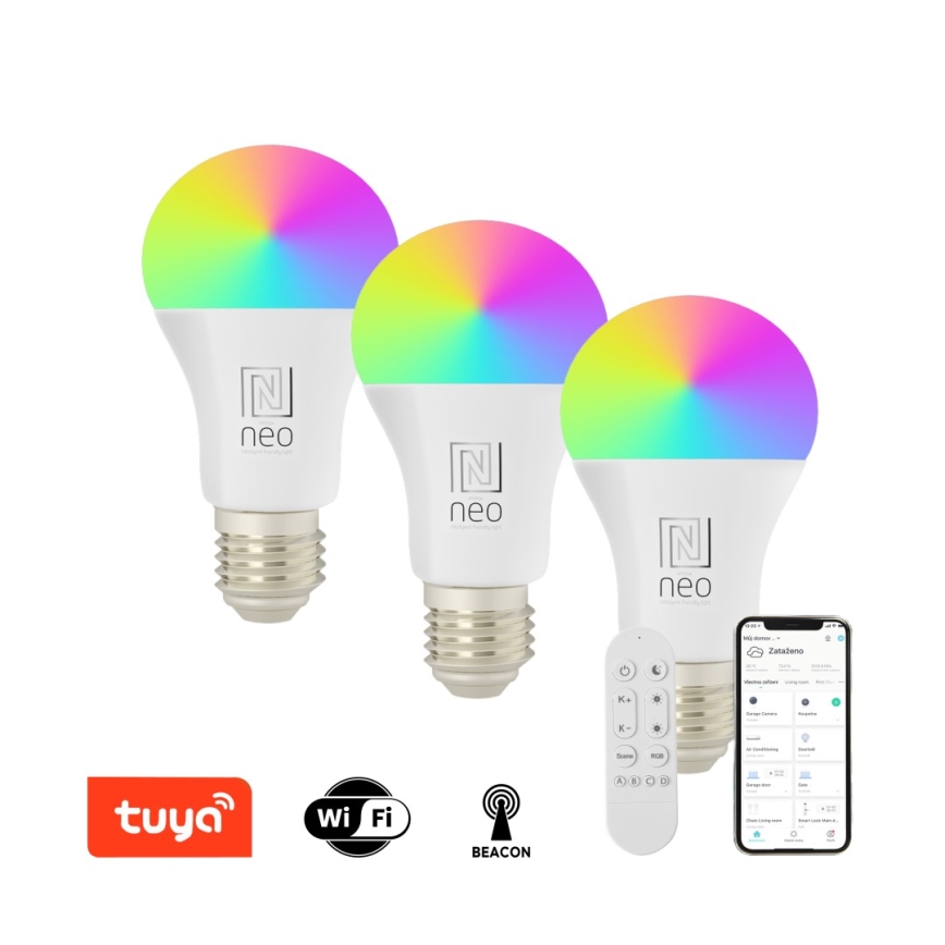 Immax NEO 07712CDO - CONJUNTO 3x Lâmpada LED RGB+CCT Regulável E27/9W/230V Wi-Fi Tuya + controlo remoto