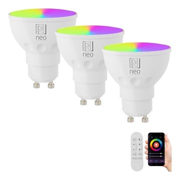 Immax NEO 07724CDO - Conjunto de 3 Lâmpadas LED RGB+CCT dimerizáveis GU10/4,8W/230V 2700-6500K Wi-Fi Tuya + comando remoto