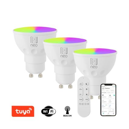 Immax NEO 07724CDO - Conjunto de 3 Lâmpadas LED RGB+CCT dimerizáveis GU10/4,8W/230V 2700-6500K Wi-Fi Tuya + comando remoto