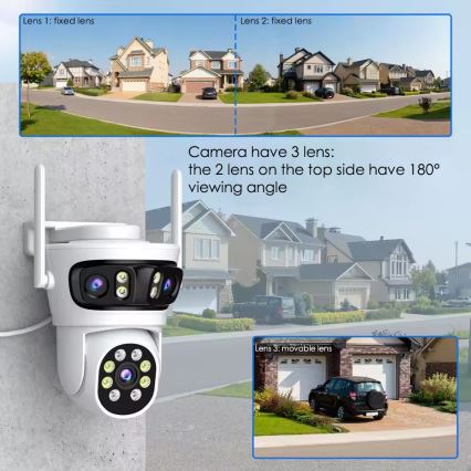 Immax NEO 07823L - Câmara exterior inteligente com três sensores de 2 MP, alimentação 5V, compatível com Tuya e Wi‑Fi