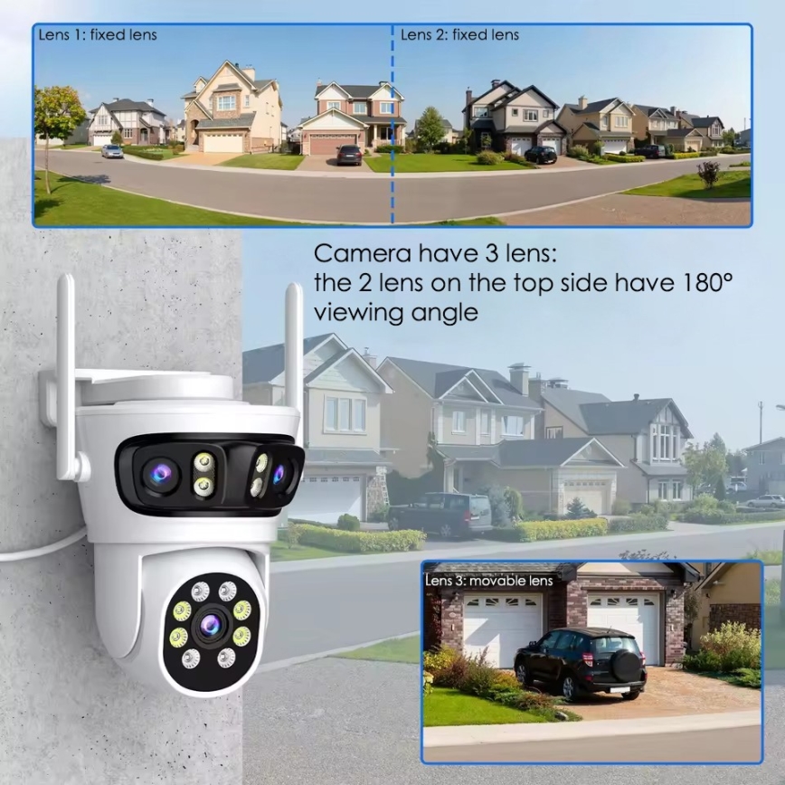 Immax NEO 07823L - Câmara exterior inteligente com três sensores de 2 MP, alimentação 5V, compatível com Tuya e Wi‑Fi