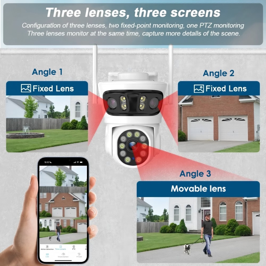 Immax NEO 07823L - Câmara exterior inteligente com três sensores de 2 MP, alimentação 5V, compatível com Tuya e Wi‑Fi
