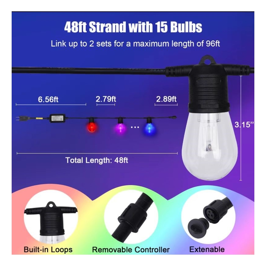 Cadeia de luzes LED RGB+CCT regulável para exterior GIRLANDA 15xLED/1W/230V 15m Wi-Fi Tuya IP65 + controlo remoto