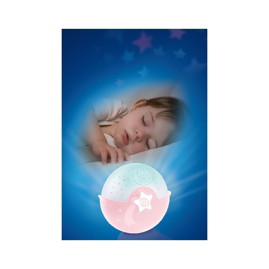 Infantino - Candeeiro pequeno para crianças com projetor 3xAA rosa