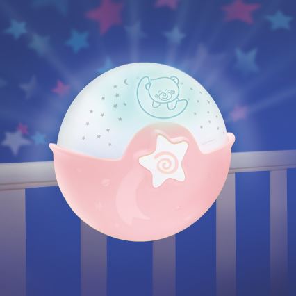 Infantino - Candeeiro pequeno para crianças com projetor 3xAA rosa