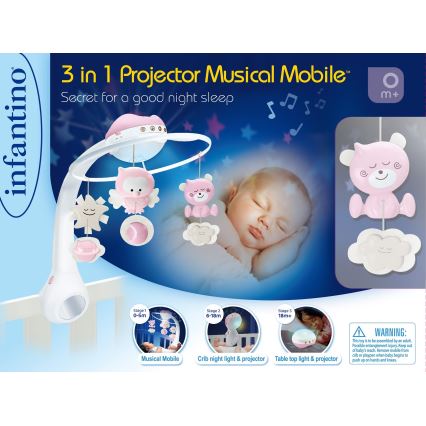 Infantino - Móbile musical 3 em 1 para berço com 3 melodias, 3xAAA, rosa