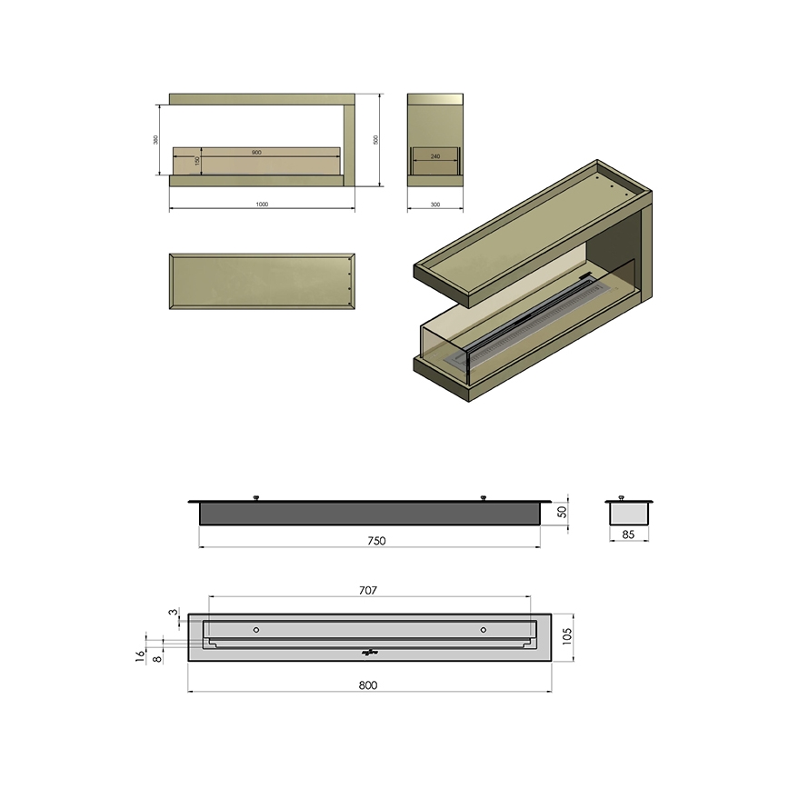 InFire - Lareira de canto BIO 100x50 cm 3kW bifacial