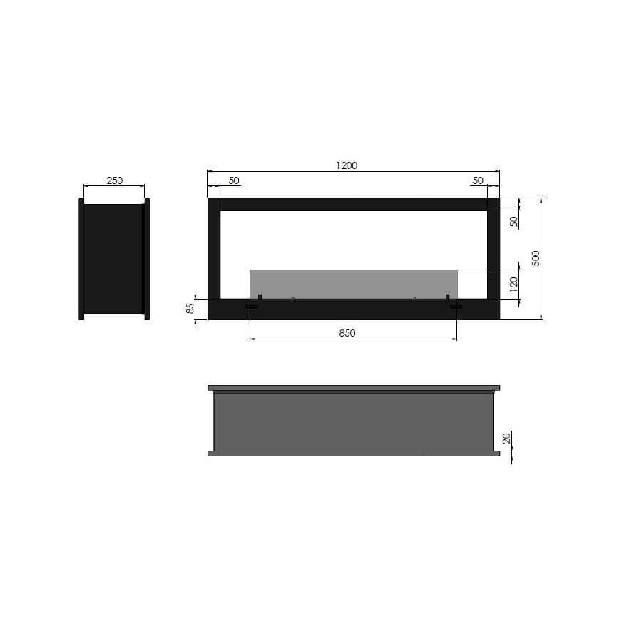 InFire - Lareira embutida BIO 120x50 cm 3kW bifacial