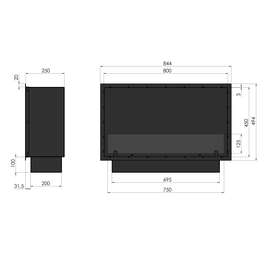 InFire - Lareira embutida BIO 49,4x84,4 cm 3,5kW preto