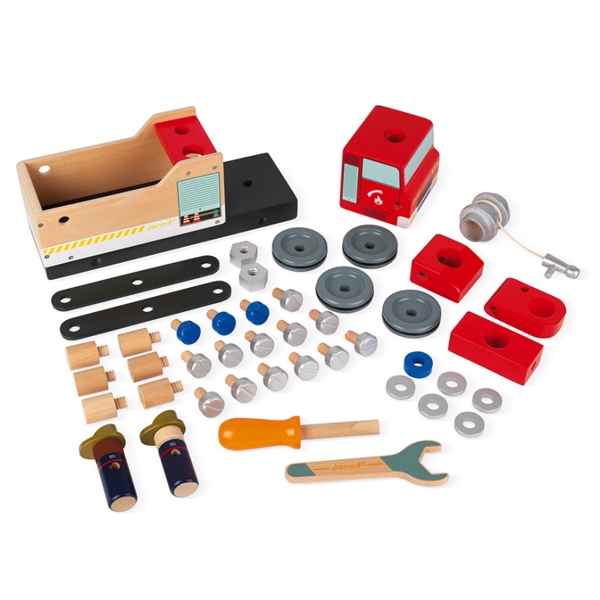 Janod - Conjunto de construção em madeira BRICOKIDS carro de bombeiros