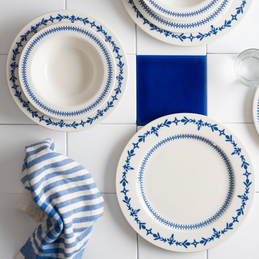 Jogo de jantar 24 peças branco/azul/porcelana
