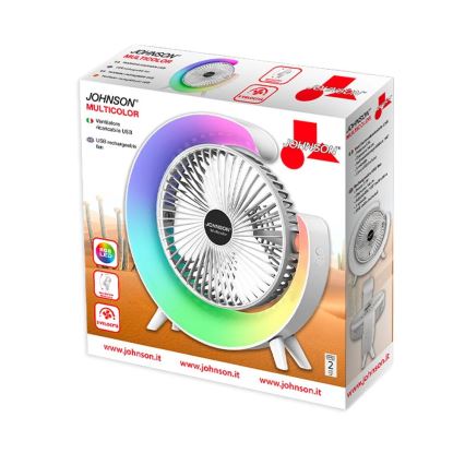 JOHNSON - Ventilador de Secretária Recarregável LED RGB Multicor/5W/3,7V 1200 mAh Ø 14 cm branco