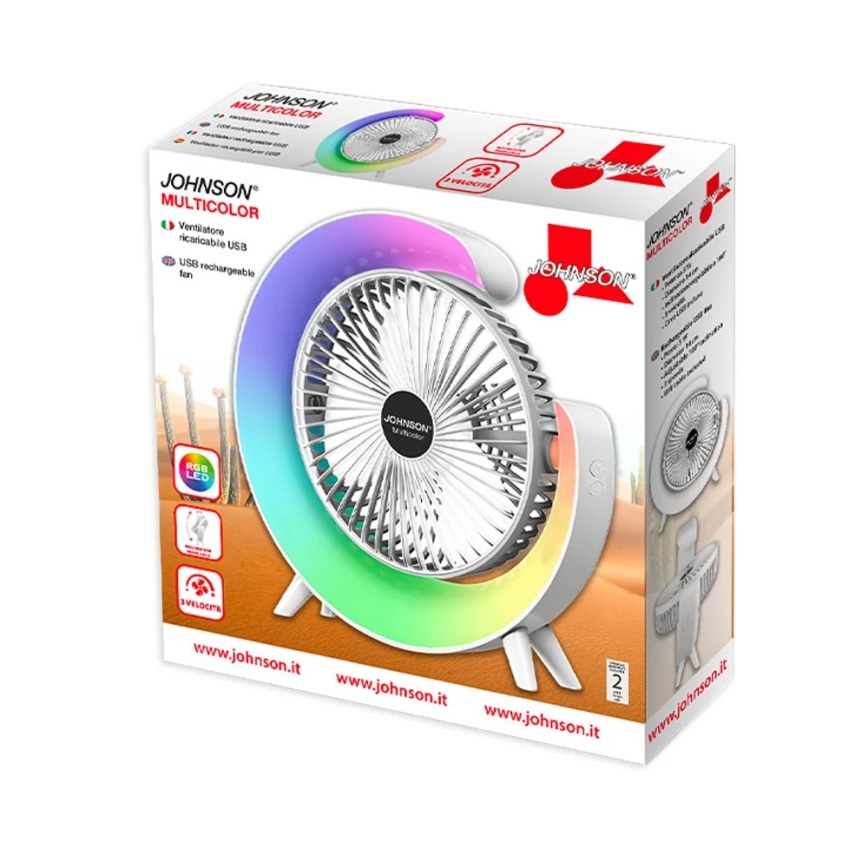 JOHNSON - Ventilador de Secretária Recarregável LED RGB Multicor/5W/3,7V 1200 mAh Ø 14 cm branco