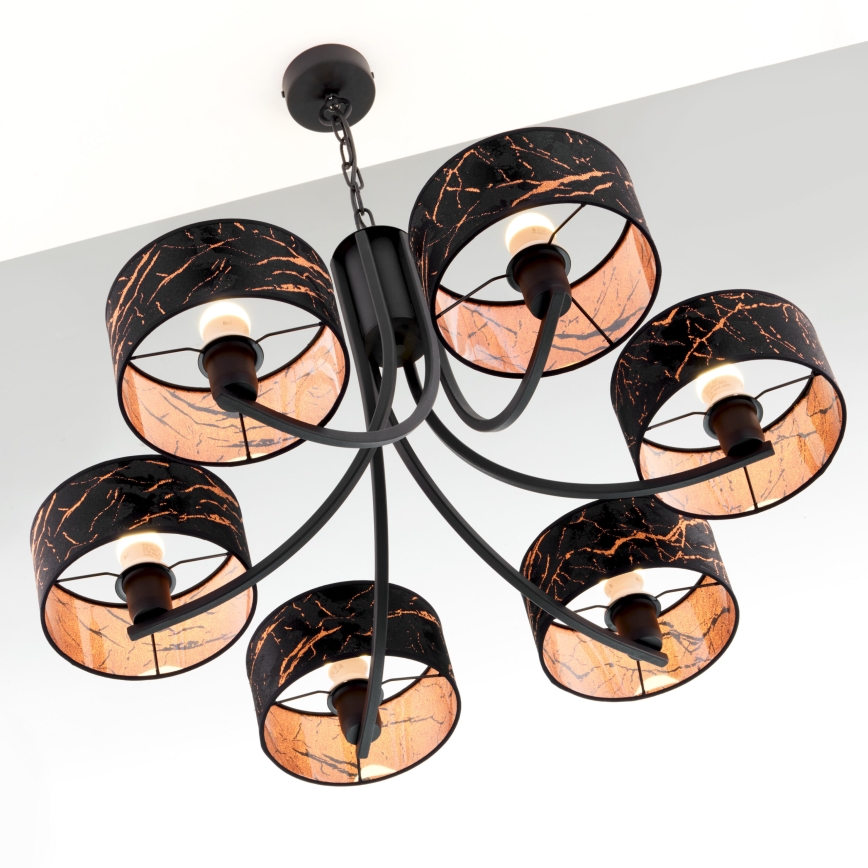 Jupiter 2108 - Lustre com corrente ARTHUR 6xE27/15W/230V preto/laranja/decoração em mármore