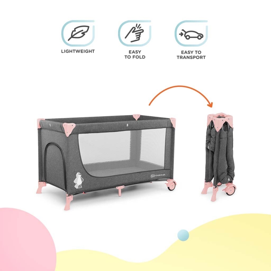 KINDERKRAFT - Berço de viagem JOY com acessórios em cinzento-rosa