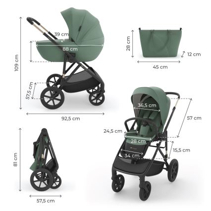 KINDERKRAFT - Carrinho de bebé combinado 3 em 1 PRIME 3 Verde Escuro