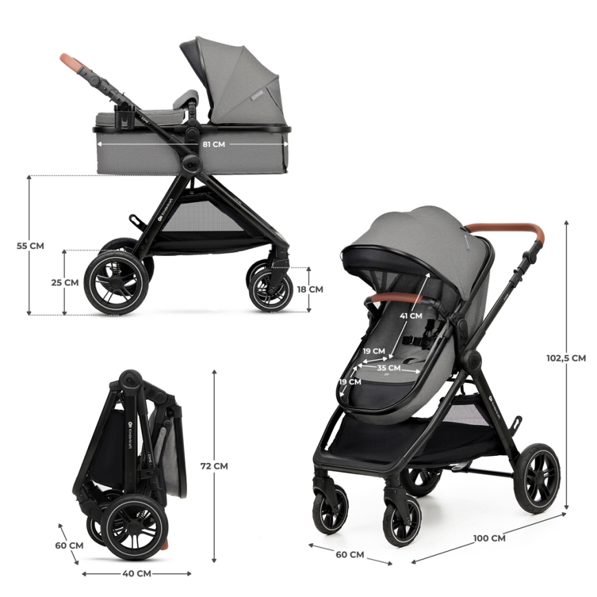 KINDERKRAFT - Carrinho de bebé combinado 3em1 ESME Moonlight cinzento + assento de automóvel MINK PRO