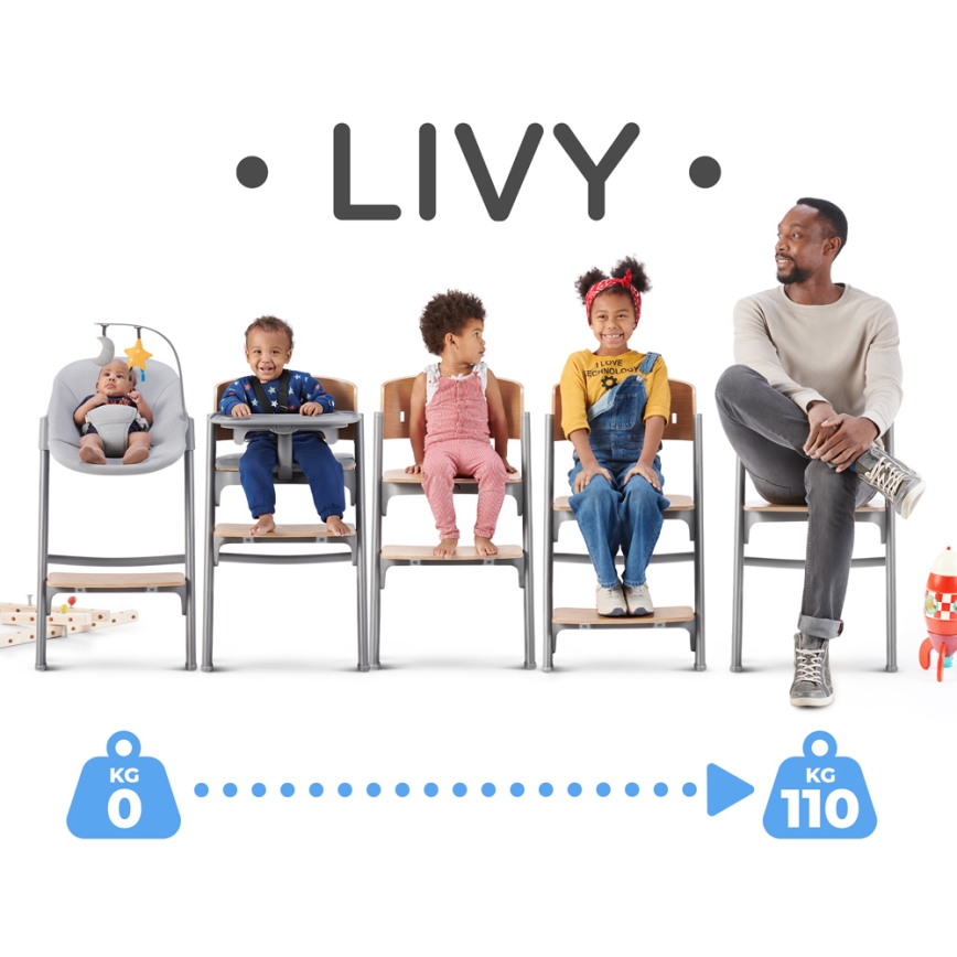 KINDERKRAFT SELECT - Cadeira de refeição infantil 3 em 1 LIVY Premium carvalho + espreguiçadeira CALMEE