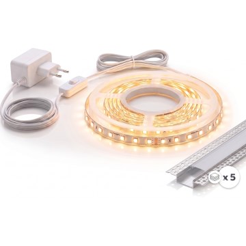 Kit 1x Fita LED MYLIVING LIGHTSTRIP LED/22 W/230 V — 5 m + 5x perfis de embutir de 1 m, prateado/branco