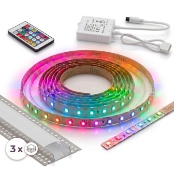 KIT 1x Fita LED RGBW dimável DIGITAL LED/9,6W/230V 3 m + 3x perfil de embutir 1 m prateado/branco + comando remoto