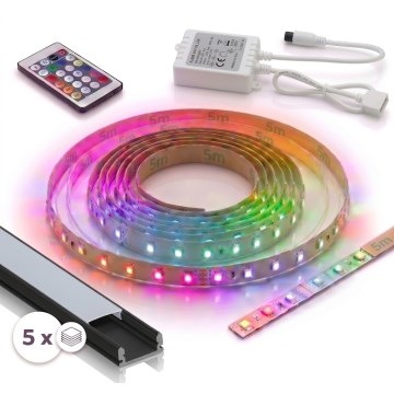 KIT 1x Fita LED RGBW dimerizável DIGITAL LED/16,5W/230V 5 m + 5x perfil de embutir 1 m preto/branco + controlo remoto