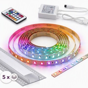 Kit 1x fita LED RGBW dimerizável DIGITAL LED/16,5W/230V 5 m + 5x perfil embutido 1 m prateado/branco + controlo remoto