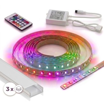 KIT 1x Fita LED RGBW dimerizável DIGITAL LED/9,6W/230V 3 m + 3x perfil de embutir 1 m prata/branco + controlo remoto