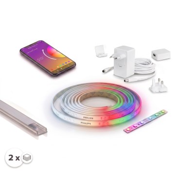 KIT 1x Fita LED RGBW dimerizável Philips Hue WHITE AND COLOR AMBIANCE LED/20W/230V 2 m + 2x perfil de embutir 1 m prata/branco