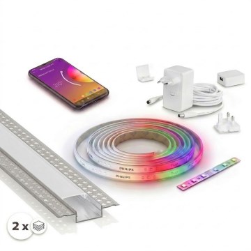 KIT 1x fita LED RGBW dimerizável Philips Hue WHITE AND COLOR AMBIANCE LED/20W/230V 2 m + 2x perfil de embutir 1 m prateado/branco