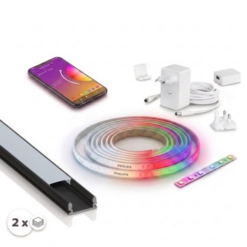 Kit 1x Fita LED RGBW dimerizável Philips Hue WHITE AND COLOR AMBIANCE LED/20W/230V 2 m + 2x perfil de embutir 1 m preto/branco