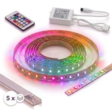 KIT 1x Fita LED RGBW regulável DIGITAL LED/16,5W/230V 5 m + 5x perfil embutido 1 m prateado/branco + comando remoto