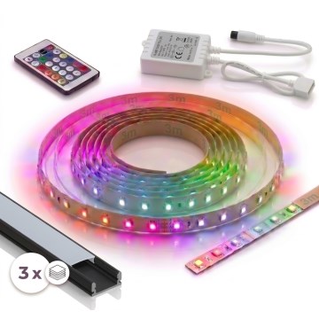 KIT 1x fita LED RGBW regulável DIGITAL LED/9,6W/230V 3 m + 3x perfil embutido 1 m preto/branco + controlo remoto