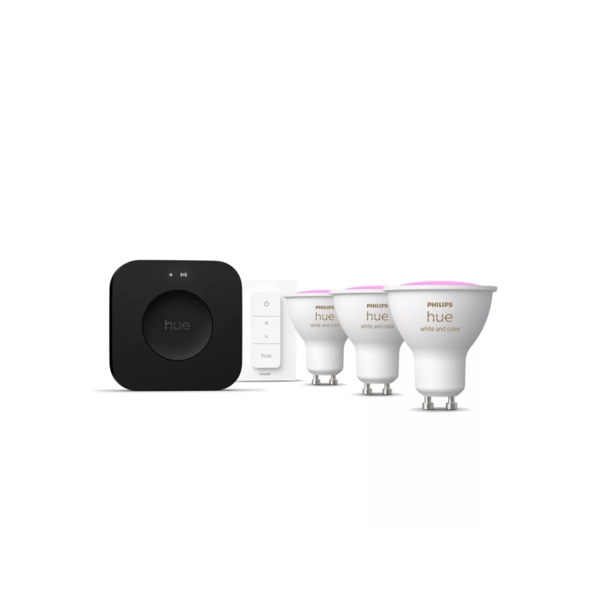Kit básico Philips Hue WHITE AND COLOR AMBIANCE 3xGU10/4,2W 2000-6500K + Hue Bridge e interruptor dimmer