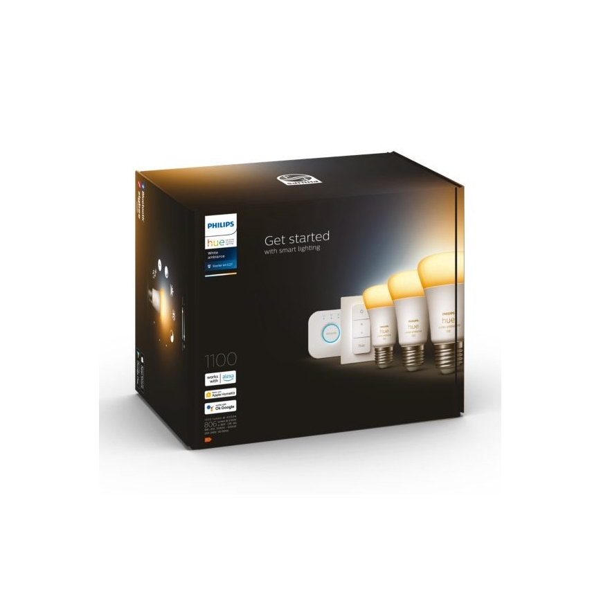 Kit básico Philips Hue White Ambiance 3xE27/11W 2200-6500K + Hue Bridge e interruptor dimmer