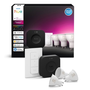 Kit básico Philips Hue WHITE AND COLOR AMBIANCE 3xGU10/4,2W 2000-6500K + Hue Bridge e interruptor dimmer