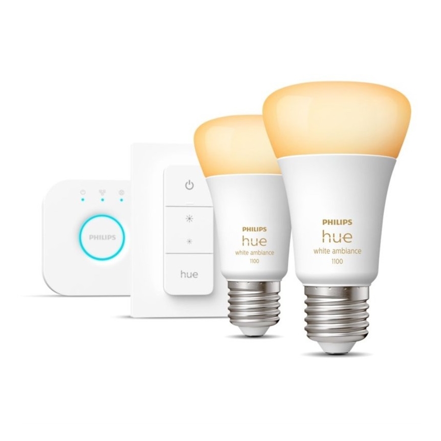 Kit básico Philips Hue WHITE AMBIANCE 2xE27/8W/230V + Hue Bridge e interruptor dimmer