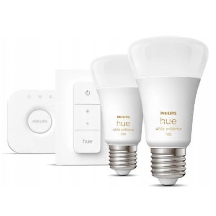 Kit básico Philips Hue WHITE AMBIANCE 2xE27/8W/230V + Hue Bridge e interruptor dimmer