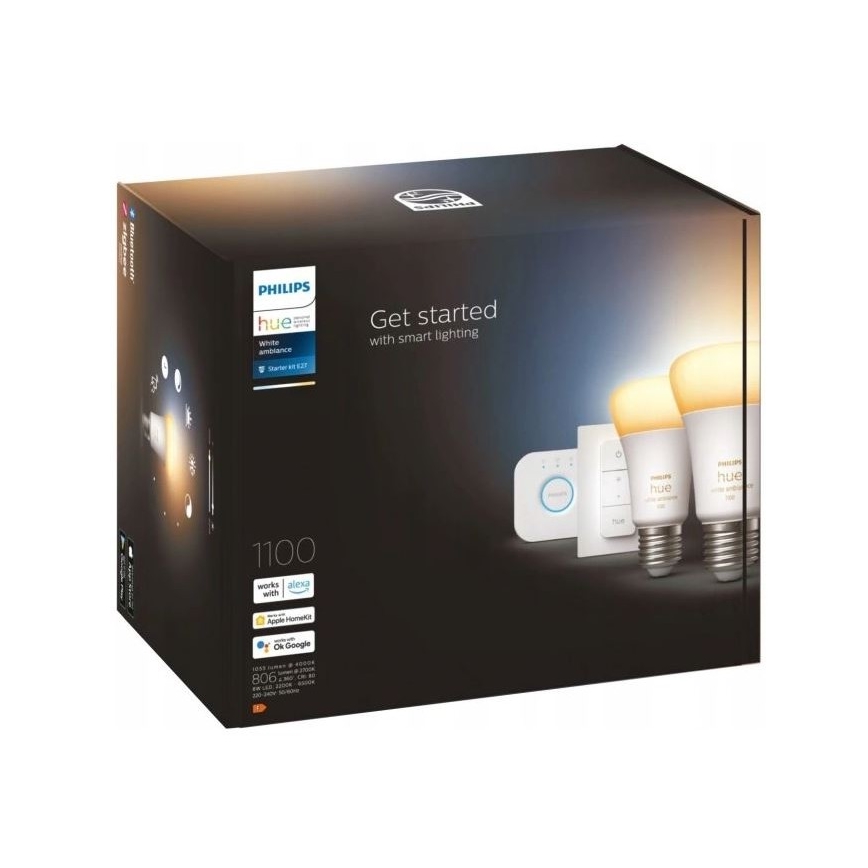 Kit básico Philips Hue WHITE AMBIANCE 2xE27/8W/230V + Hue Bridge e interruptor dimmer