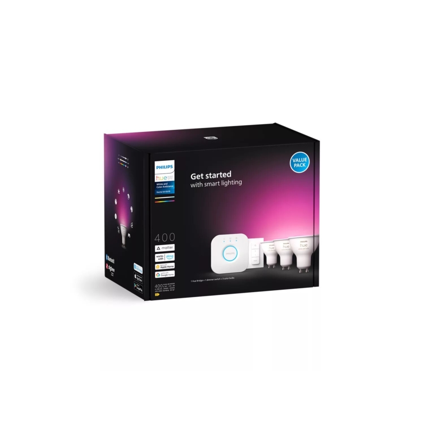 Kit básico Philips Hue WHITE AND COLOR AMBIANCE 3xGU10/4,2W/230V 2000-6500K + Hue bridge e dimmer switch