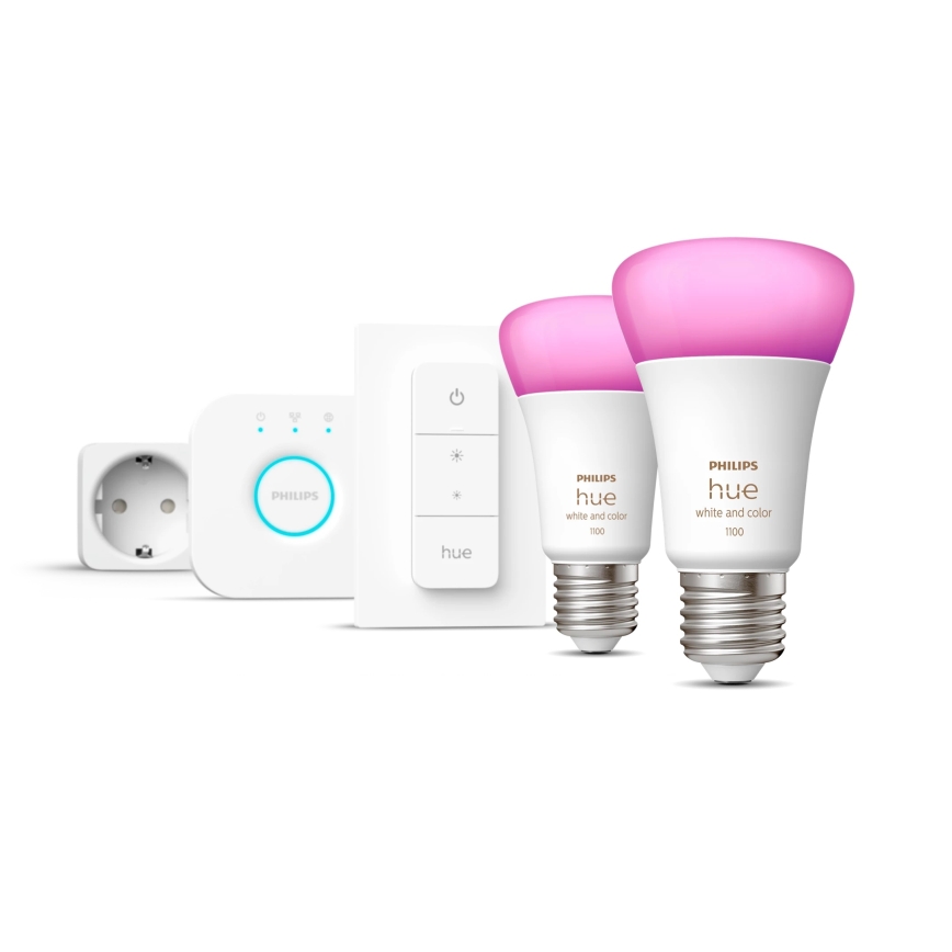Kit inicial Philips Hue WHITE AND COLOR AMBIANCE 2xE27/9W/230V 2200-6500K + tomada inteligente, Hue bridge e interruptor dimmer