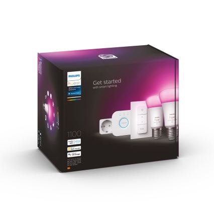 Kit inicial Philips Hue WHITE AND COLOR AMBIANCE 2xE27/9W/230V 2200-6500K + tomada inteligente, Hue bridge e interruptor dimmer
