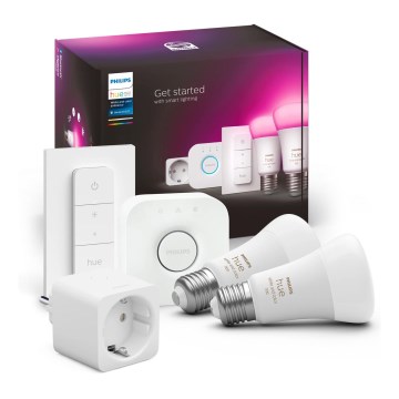 Kit inicial Philips Hue WHITE AND COLOR AMBIANCE 2xE27/9W/230V 2200-6500K + tomada inteligente e dispositivo de interligação